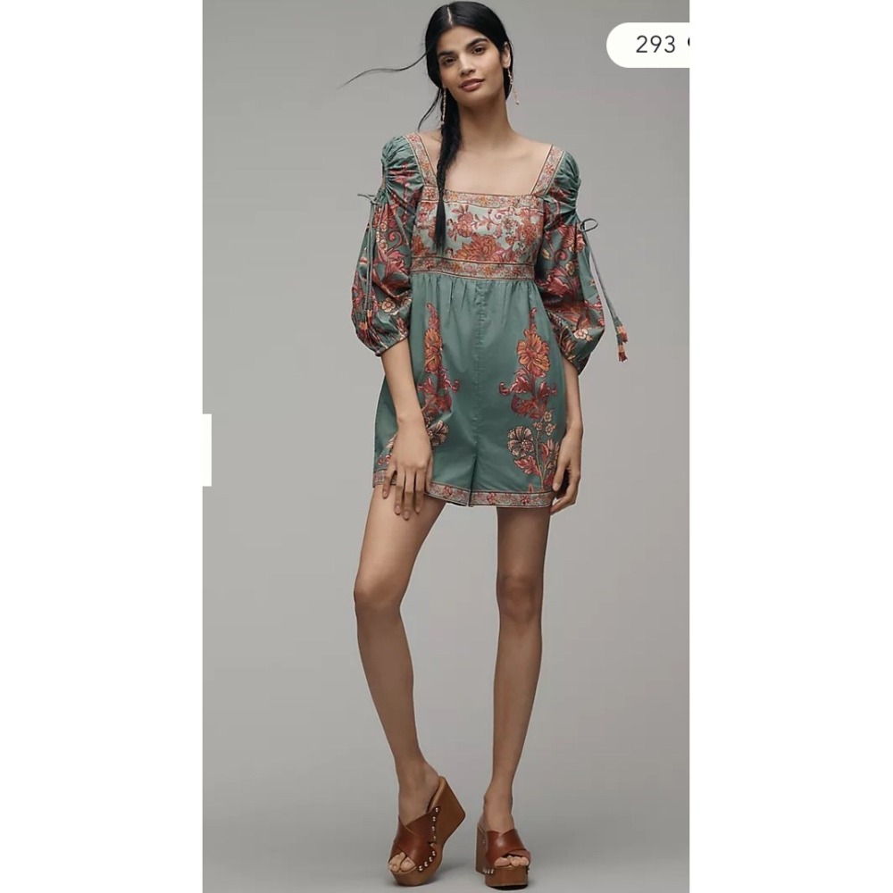 FARM Rio Green Floral Embroidered Puff Sleeve Romper